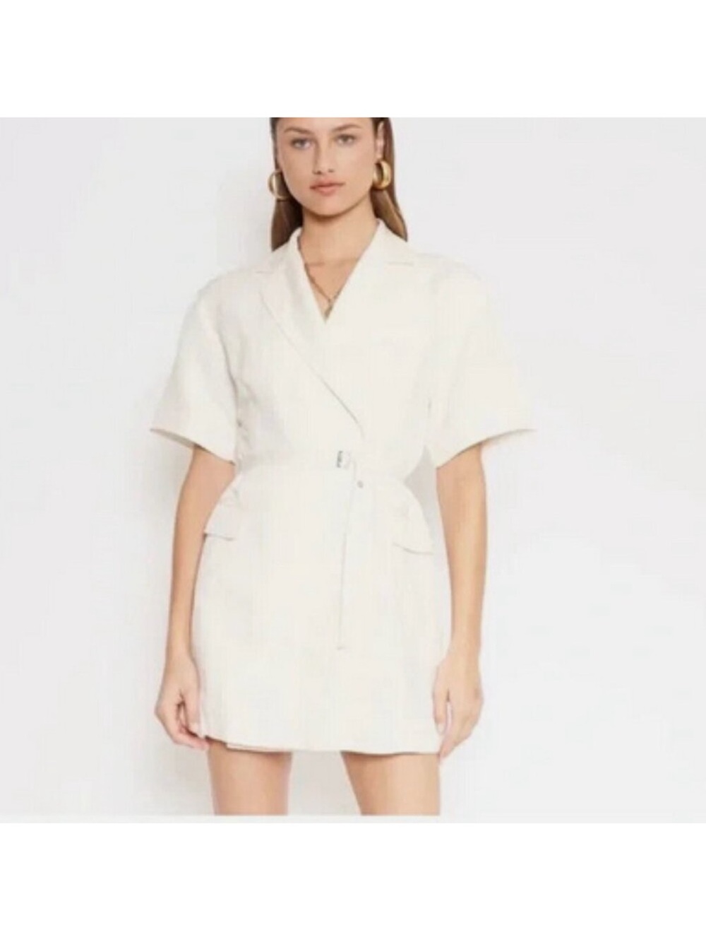 4SI3NNA Lorenzo Short-Sleeve Belted Blazer Dress White size S NEW